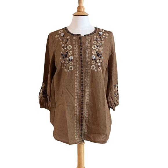 J. Jill Cotton Brown Embroidered Floral Swiss Dot Button Down Peasant Blouse S - Picture 1 of 14